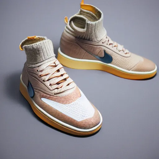 Image similar to a studio photoshoot of Nike sneakers designed by Tom Sachs, cream leather with knitted mesh material, gum rubber outsole, realistic, color film photography by Tlyer Mitchell, 35 mm, graflex