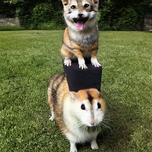 Prompt: Man standing on dog standing on cat standing on hamster