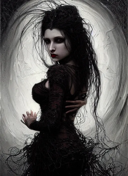 Image similar to highly detailed oil painting | very intricate | cinematic lighting | black, white and blood color scheme, dark background | portrait of a exquisite beautiful vampire woman with long elegant tangles of black hair, eyes, gothic fog ambience, hyper realistic head, fantasy victorian art, in the style of greg rutkowski, zdizslaw beksinski, intricate, alphonse mucha