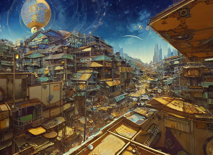 Image similar to art nouveau favela, outer space environment, scenery, professional, award - winning, trending on artstation, hyper detailed, realistic, beautiful, emotional, shiny, golden, picture