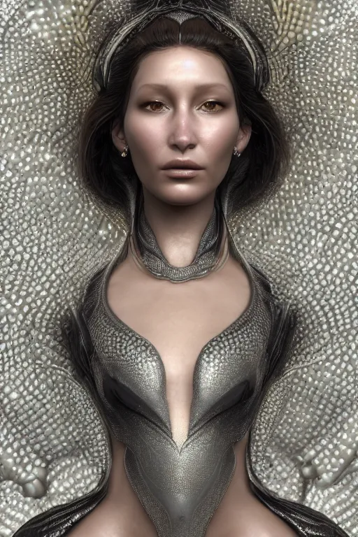 Prompt: a highly detailed metahuman render portrait of an alien goddess bella hadid in iris van herpen dress schiaparelli in diamonds and jewelry in style of alphonse mucha trending on artstation made in unreal engine 4