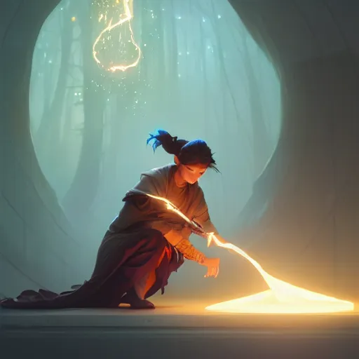 Image similar to highly detailed vfx portrait of a mage casting a light spell, unreal engine, greg rutkowski, loish, rhads, beeple, makoto shinkai and lois van baarle, ilya kuvshinov, rossdraws, tom bagshaw, alphonse mucha, global illumination, detailed and intricate environment