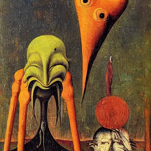 Prompt: An oil painting of a strange alien creature by Max Ernst and Hieronymus Bosch