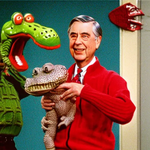 Prompt: mr. rogers with alligator heads instead of hands.