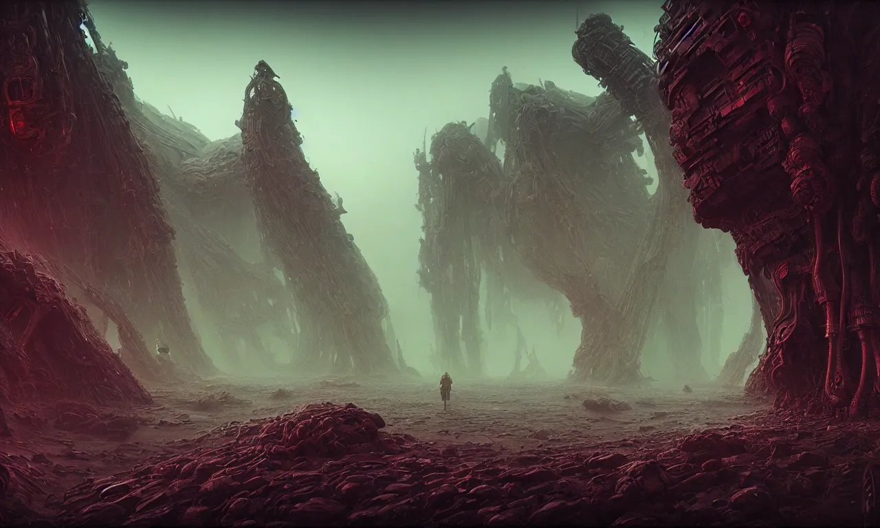 Image similar to Sci-fi environment set in a nightmarish universe of odd forms and somber tapestry, HR Giger, Wadim Kashin, in Zdzisław Beksiński color scheme, featured in artstation, octane render, cinematic, elegant, intricate, 8k