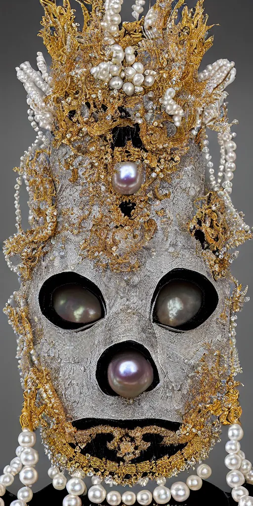 Image similar to hyperrealism, detailed textures, award winning autochrome photo, symetrical japanese pearl, beautiful animal pearl queen, autochrome pearl portrait, pearl silverplate, intricate, detailed facial pearl scary animal mask, pearl, golden jewelery, silverplate, ultra realistic, cinematic, intricate, by steve mccurry, unreal engine 8 k