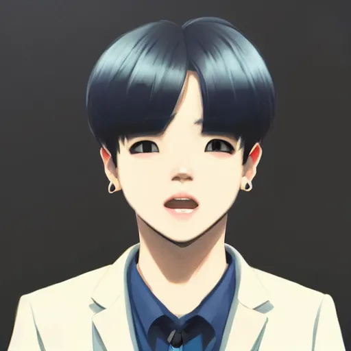 Prompt: a headshot of a very happy bts jimin closed smile - short black hair wearing male school uniform, sharp focus, illustration, morandi color scheme, art station, high detailed, by ilya kuvshinov, gorillaz art