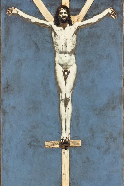 Image similar to jesus christ crucified painted by cy twombly and andy warhol