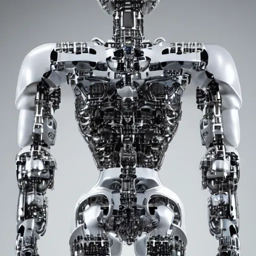Prompt: upper back closeup of a complex chromium cybernetic endoskeleton in a white room : : highly detailed : : transparent armor