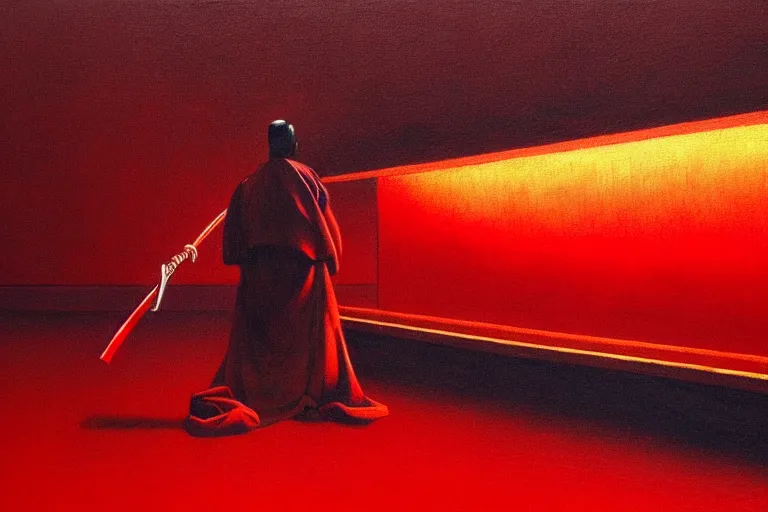 Image similar to only with red, a red samurai harakiri, tokio, a lot of frogs watch, in the style of beksinski, parts by edward hopper, parts by rodcenko, parts by yue minjun, intricate and epic composition, red by caravaggio, insanely quality, highly detailed, masterpiece, red light, artstation, 4 k