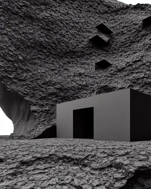 Image similar to tall black geometric house, embedded in lava cliff, full view, black house, molten metal house, minimal, rippled white landscape, dwarven architecture, light from molten iron, octane render, hyper realistic, 8 k, octane render