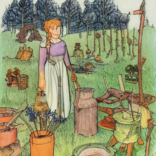 Image similar to the blacksmits’ daughter, working in the forge, fantasy art in the style of Elsa Beskow,