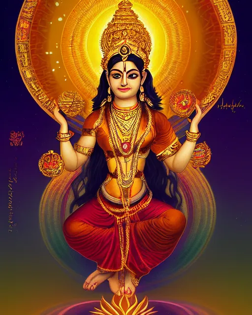 Prompt: lakhsmi hindu goddess of abundance surrounded by light, golden light, digital art, artstation, detailed, gold, magic, energy, cosmic, sacred, holy, healing,