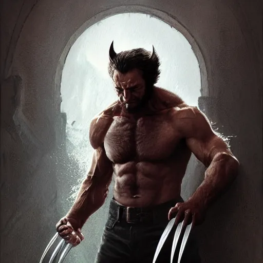 Image similar to portrait of Wolverine in costume, amazing splashscreen artwork, splash art, head slightly tilted, natural light, elegant, intricate, fantasy, atmospheric lighting, cinematic, matte painting, by Greg rutkowski