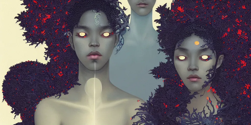 Image similar to breathtaking detailed concept art painting pattern of black faces goddesses amalgamation autumn leaves with anxious piercing eyes, by hsiao - ron cheng and james jean, bizarre compositions, exquisite detail, extremely moody lighting, 8 k