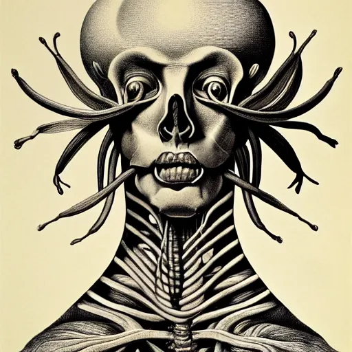 Image similar to surreal orchid head anatomical atlas dissection center cut, lithography on paper conceptual figurative ( post - morden ) monumental dynamic soft shadow portrait drawn by hogarth and escher, inspired by goya, illusion surreal art, highly conceptual figurative art, intricate detailed illustration, controversial poster art, polish poster art, geometrical drawings, no blur