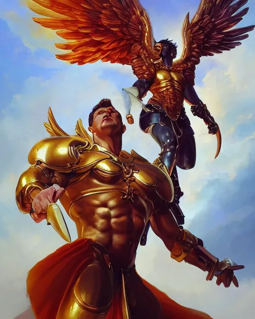 Prompt: character portrait of a muscular male angel of justice, with fiery golden wings, wearing shining armor, wielding blazing sword, by peter mohrbacher, mark brooks, jim burns, marina abramovic, wadim kashin, greg rutkowski, trending on artstation