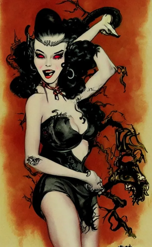 Image similar to of a witch girl burlesque psychobilly punk, rockabilly black hair, white background, drawing, illustration by frank frazetta