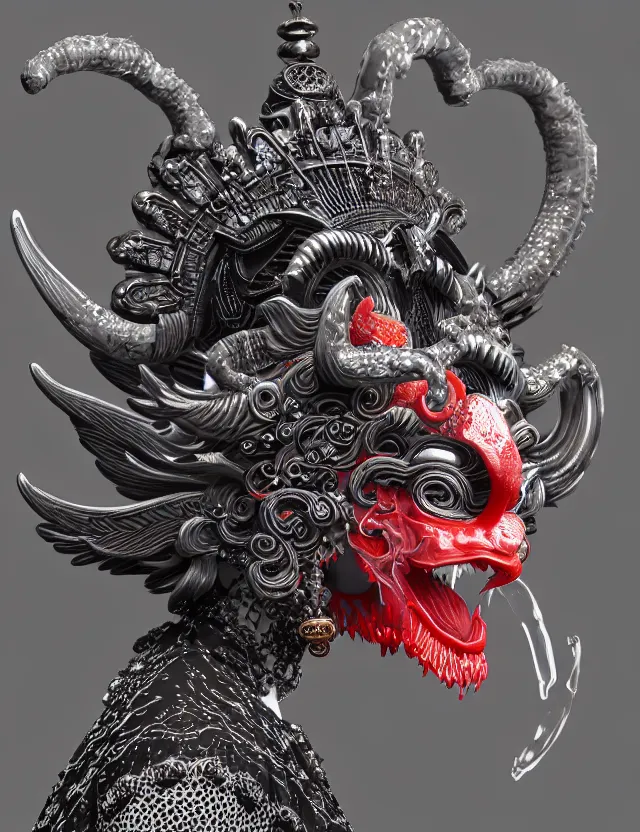 Image similar to 3 d goddess close - up profile satan biohazard portrait with crown, ram skull. beautiful intricately detailed japanese crow kitsune mask and clasical japanese kimono. betta fish, jellyfish phoenix, bio luminescent, plasma, ice, water, wind, creature, artwork by tooth wu and wlop and beeple and greg rutkowski