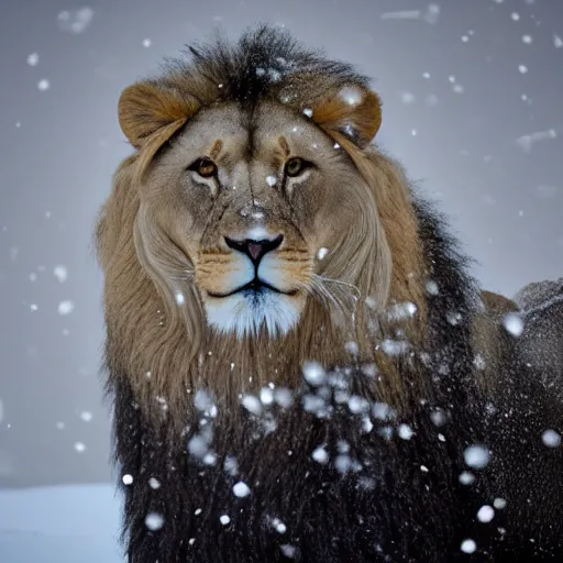 Image similar to a lion in the snow, blizzard,