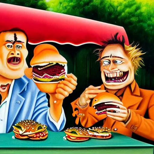 Image similar to beautiful lifelike painting of grave jones and johnny rotten eating burgers in france, hyperreal detailed facial features and uv lighting, art by ed roth and basil wolverton