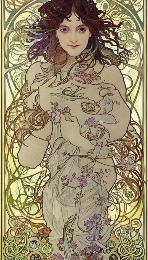 Image similar to fantasy art by Alfons Mucha,beautiful,high quality,masterpiece,incredible,pretty,gorgeous,stunning,appealing,4k,detailed,intricate,fullbody,full body,face