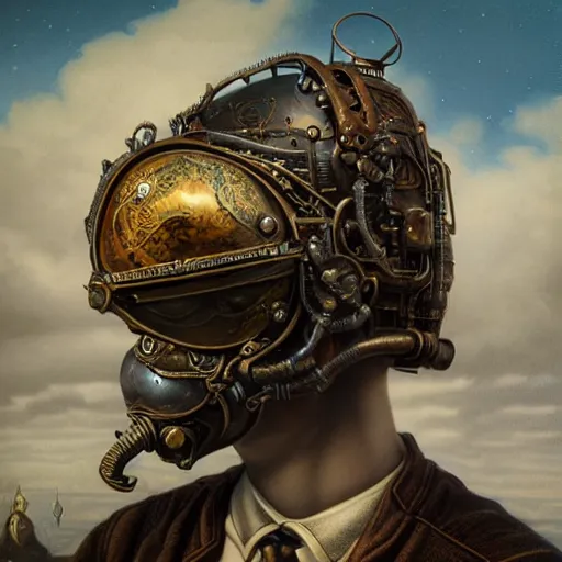 Image similar to dan mumford tom bagshaw, dream world curiosities carnival flying, photorealistic soft paint of a single very beautiful helmet full long steampunk metallic armored ornate, ultra deep fog, partial symmetry accurate features, focus, very intricate ultrafine details, award winning masterpiece, steampunk world