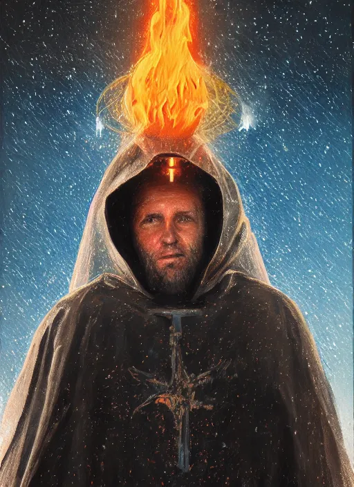 Image similar to detailed portrait of Fr. Mike Schmitz wearing a cloak over his head, eyes on fire with celestial flames, a halo of shimmering color around him, future earth in the background, by Jason Jenicke and Jeremy Mann, intricate, beautiful, stylized, detailed, realistic, loose brush strokes, dramatic, enduring, captivating, Artstation