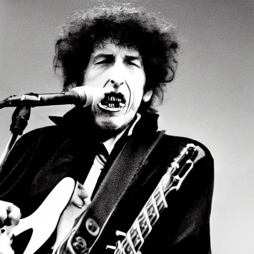 Prompt: rabid bob dylan foaming at the mouth, bloodshot eyes, raised eyebrows, rotten teeth