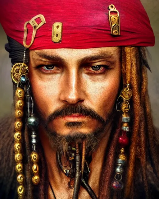 Prompt: realistic portrait of a pirate, dark, gold ornaments, facing camera, photo realistic, detailed, 1 4 5 0, delicate, hyper realism, ultra realistic, 8 k