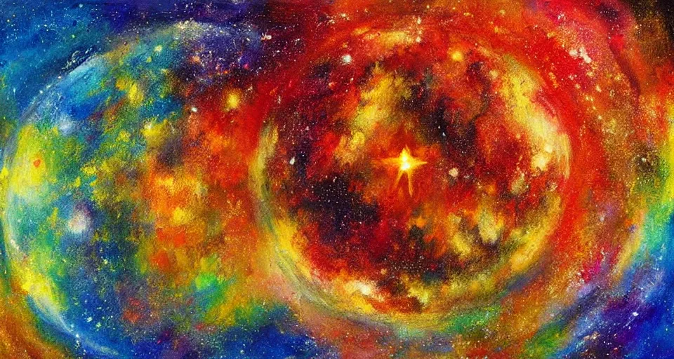 Prompt: award - winning realistic painting of a large planet made of colourful gas, colourful bright stars