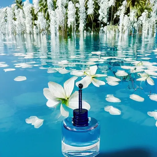 Image similar to centered bright perfume bottle standing in clear blue rippling water surrounded by a plethora of white flowers and tropical leaves and fauna upfront, with dreamy bright blue sky and clouds in the background, softly - lit, soft - warm, zen, light, modern minimalist f 2 0 clean