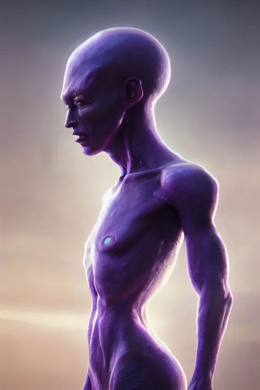 Image similar to portraint of a purple alien, greg rutkowski, 3 d render, 8 k, intricate, hyper realistic, mysterious, interstellar