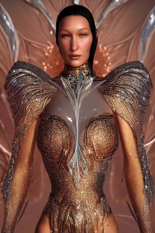 Prompt: a highly detailed metahuman 4 k render close up of an angelic alien goddess bella hadid in iris van herpen dress schiaparelli in diamonds swarovski and jewelry in style of alphonse mucha trending on artstation made in unreal engine 4