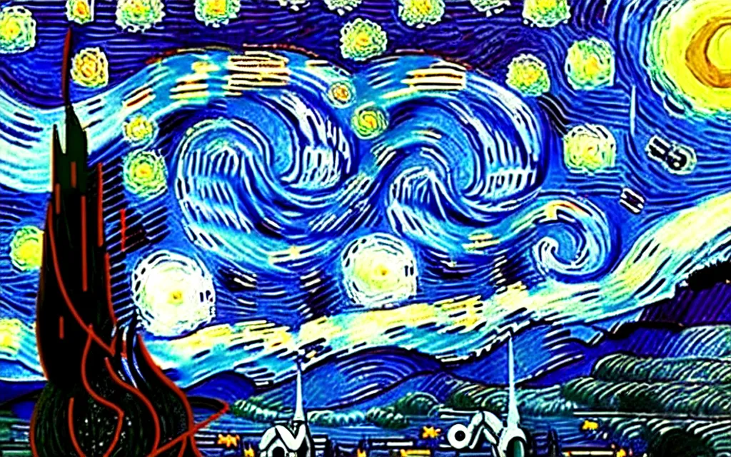 Prompt: the starry night with star wars starfighters high detailed by van gogh