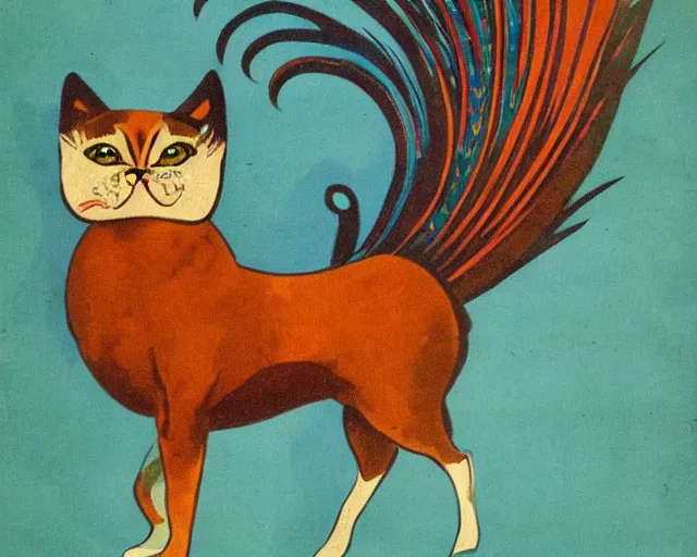 Prompt: vintage art deco animal poster depicting a half cat half peacock hybrid