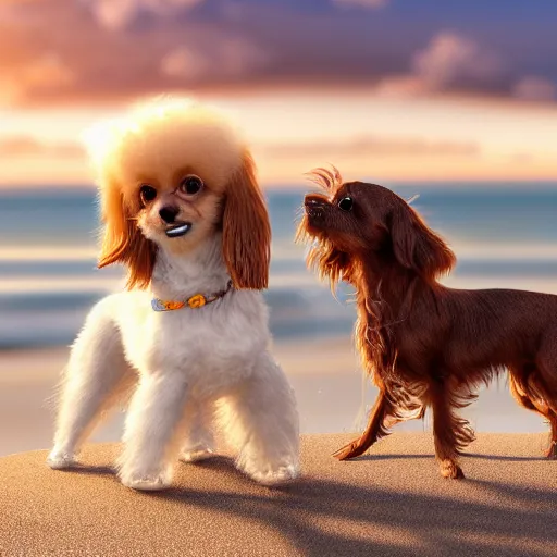 Prompt: a photorealistic closeup photograph of a cute brown colored long haired chihuahua cocker spaniel dog as well as a smiling white bichon frise puppy playing together at the beach. sunset, surf, brightly lit scene. fine detail. nice composition. 4 k hd unreal engine