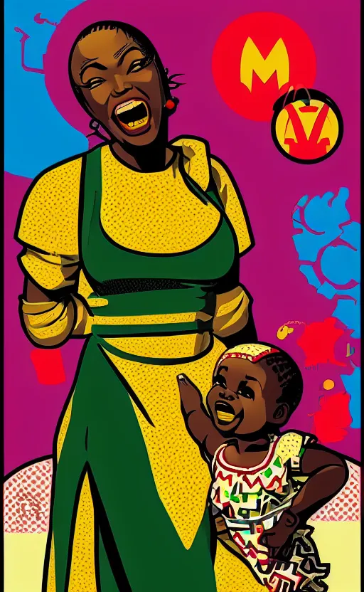 Image similar to mama africa laugh at her child!!! pop art, pixel, bioshock, gta chinatown, artgerm, richard hamilton, mimmo rottela, julian opie, aya takano, ultra hardly intricity details!!! ultra realistic visual!!!