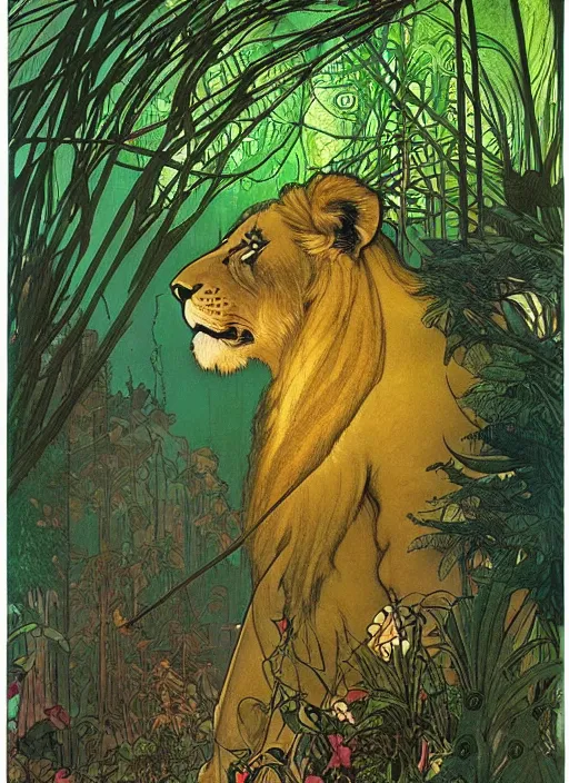 Image similar to a lion with intricate bird wings in the middle of a lush forest at night. diffuse neon light, dramatic landscape, fantasy illustration, matte painting by mucha