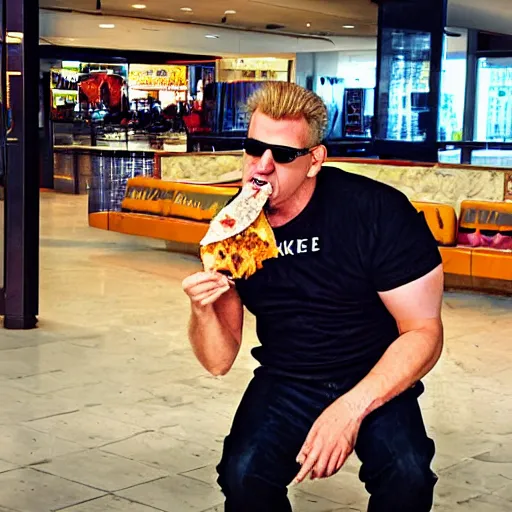 Prompt: duke nukem eating a burrito in a shopping mall