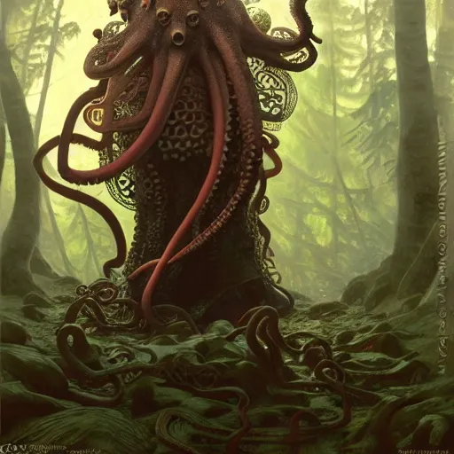 Image similar to photo of vladimir lenin as humanoid octopus, tentacles beard, tentacles heands, mushroom hat, hybrid were a heroic dress an armour in the forest, highly detailed, digital painting, artstation, smooth, sharp focus, illustration, art by artgerm and greg rutkowski and alphonse mucha