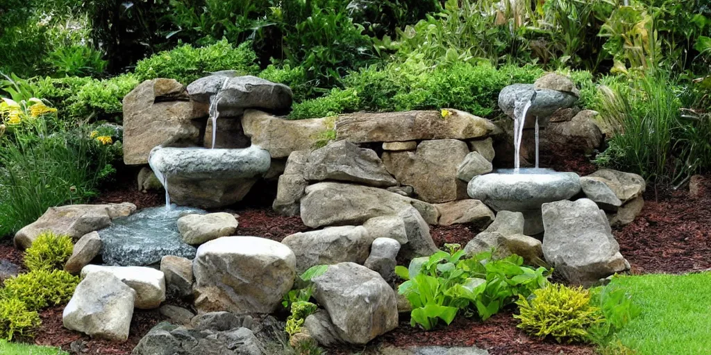 Prompt: award winning stone work waterfall fountain in a lush green backyard, photo