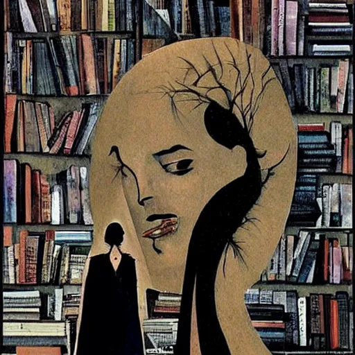 Image similar to the philosopher woman recludes from the world surrounded by a pile of books, art by dave mckean and leonora carrington
