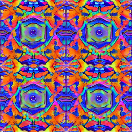 Image similar to colorful 3 d autostereogram illusion puzzle with psychedelic mushrooms dancing among a tie dye desert of peyote | symmetrical seamless tile