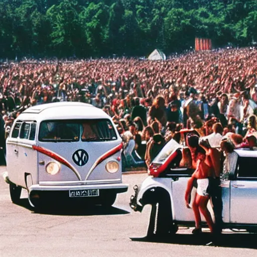 Image similar to backstreet boys and spice girls playing concert together, woodstock 1 9 6 0, old times, hippies, vintage, botanical details, vans, volkswagen