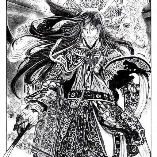 Image similar to highly detailed perspective drawing black and white goetic pen and ink manga panel by hiroya oku!! mucha illustrated sorcerer beautiful attractive long hair ringo starr fxv flowing ritual royal!!! vagabond! manga panel swords dramatic esoteric!!!!!! long hair flowing dancing illustrated in high detail by frank miller, shonen jump