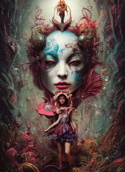 Image similar to alice in wonderland, aztec god, highly detailed, cinematic, 8 k, by megan duncanson, benjamin lacombe, adrian borda, stanley artgermm, tom bagshaw, craig mullins, carne griffiths, ayami kojima, beksinski, giger, trending on deviantart, hyper detailed, horror, full of colour