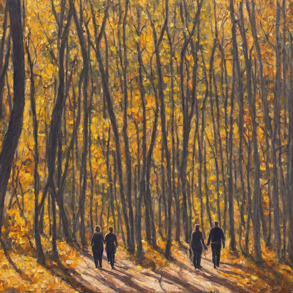 Image similar to modern american realist oil painting of couple walking together in the late afternoon golden hour light in the dense forest of gatineau park in october