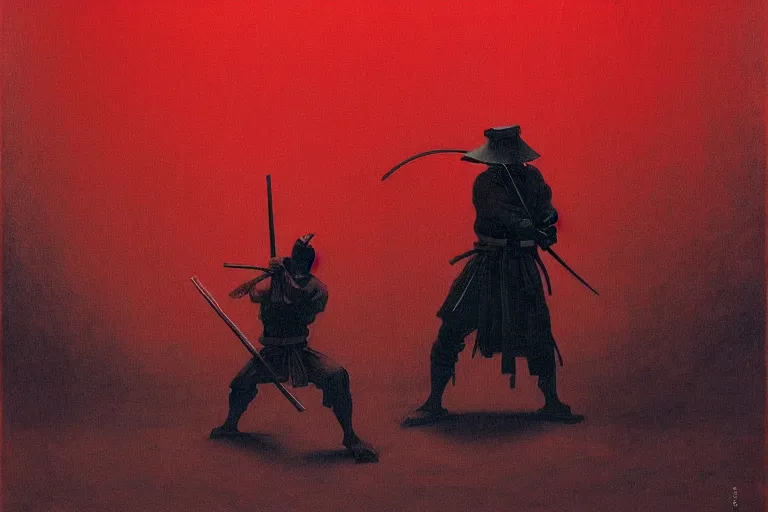 Image similar to only with red, a red samurai harakiri, tokio, a lot of frogs watch, in the style of beksinski, parts by edward hopper, parts by rodcenko, parts by yue minjun, intricate and epic composition, red by caravaggio, insanely quality, highly detailed, masterpiece, red light, artstation, 4 k