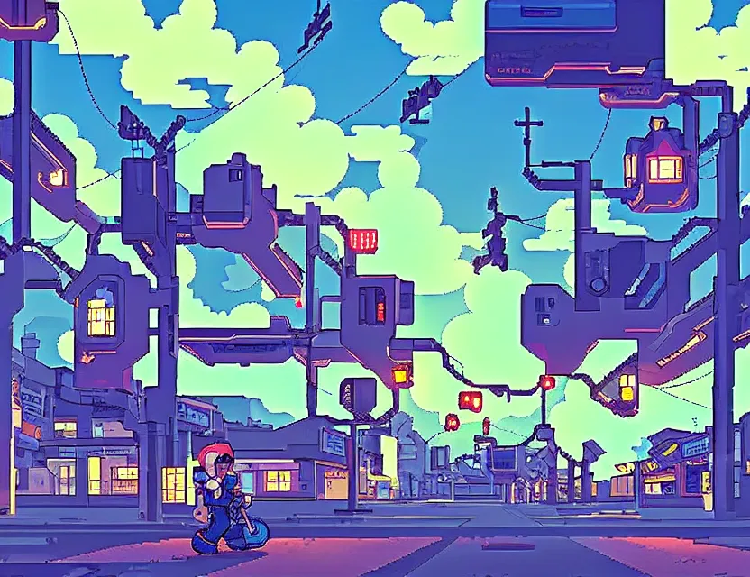 Prompt: futuristic country town. pixel art, limited palette, by award - winning mangaka, backlighting.